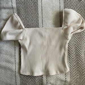 H&M Puff Sleeve Ribbed Crop Top - Beige